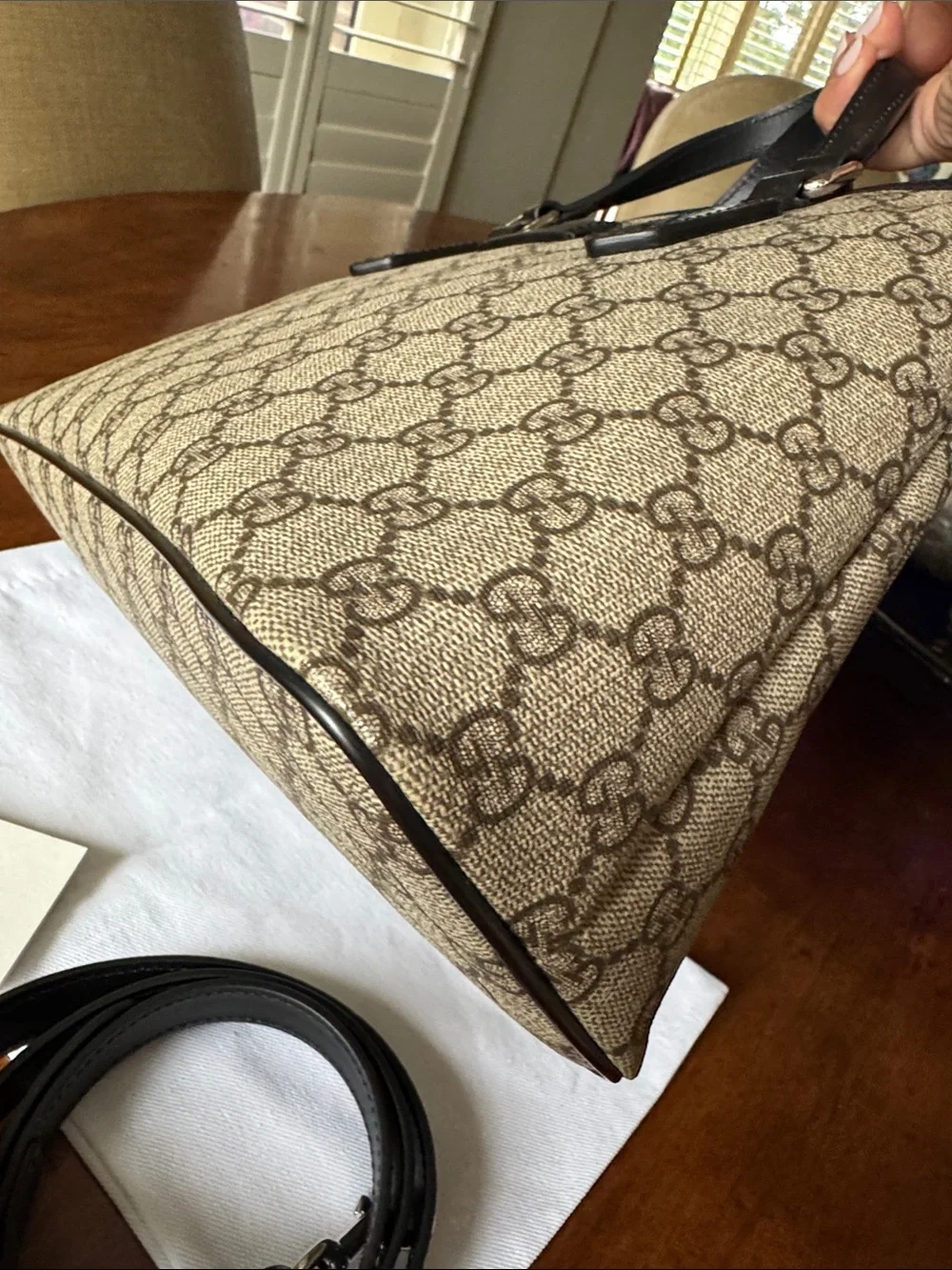Gucci Beige GG Canvas Satchel with Black Leather Trim